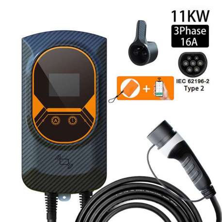 Borne de recharge connectée monophasé 11 KW - Mode 3 - Prise type 2 - Noir/Orange