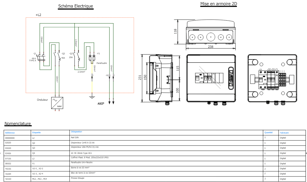 Schéma coffret ac photovoltaïque 9 KW monophase