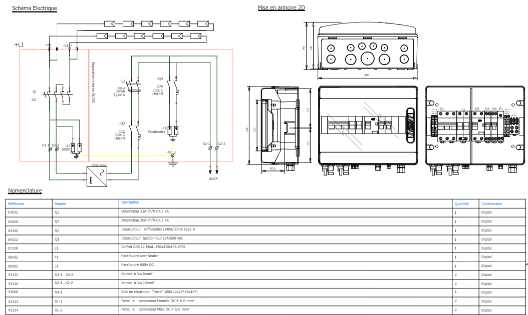 Schéma câblage coffret Photovoltaïque AC / DC 6KW - 2 STRING MC4 / 1 MPPT