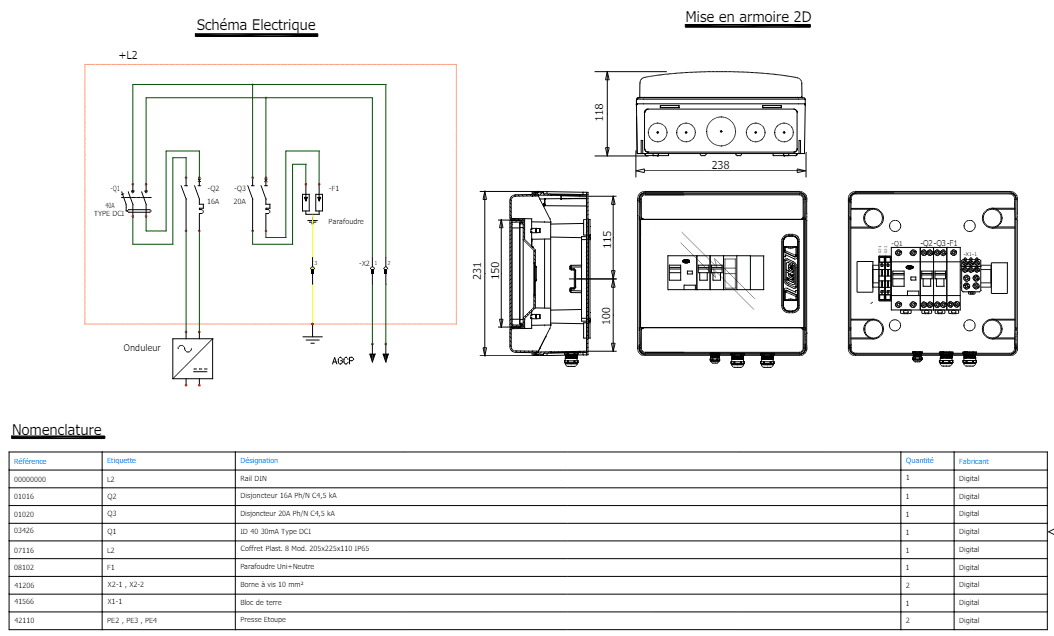 schéma coffret ac photovoltaïque 3KW monophase